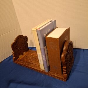 Vintage Carved Wooden Bookends with Maple Leave and Intricate Floral Motif